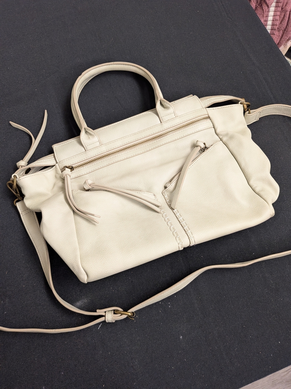 Cream Leather Satchel Handbag - Women Bags